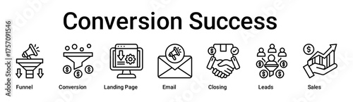 Conversion Success banner web icon vector illustration concept for business with icon of Funnel, Conversion, Landing Page, Email, Closing, Leads.