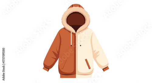 Colorful hooded jacket illustration showing a split design and fur trim