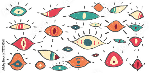 Crayon hand drawn eyes set. Brushstroke eyes. Vector EPS 10