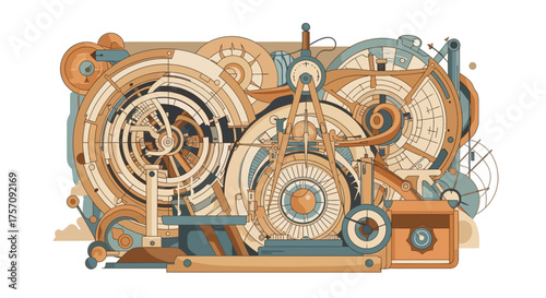 Intricate Steampunk Machine Illustration with Gears and Cogs.