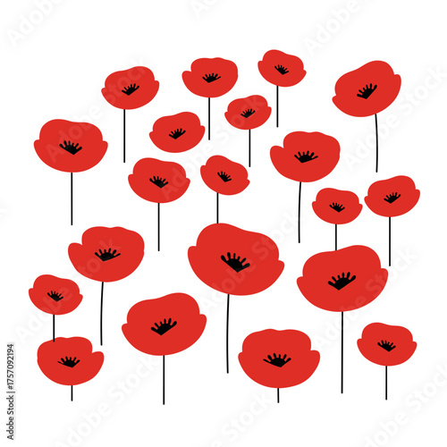 Vibrant Red Poppies Field Vector Illustration with Minimalist Flat Design on White Background