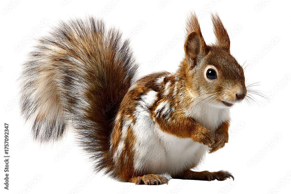 Obraz premium Adorable little squirrel with fluffy tail looking curiously isolated in clear studio shot showcasing natural beauty and detailed fur perfect image for nature lovers