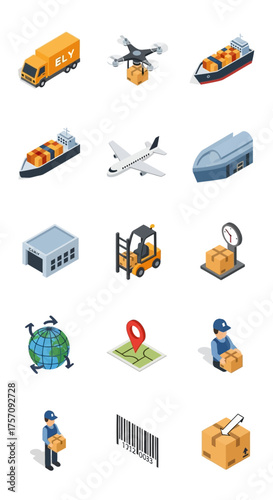 Isometric Delivery and Logistics Icons Set - Truck, Drone, Ship, Airplane, Forklift, and More.