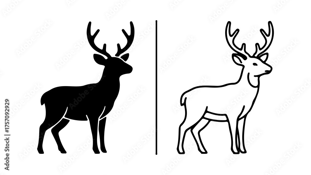 Naklejka premium Deer silhouette and outline with transparent background