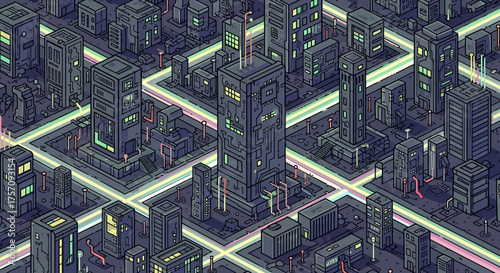 Isometric Cyberpunk Cityscape with Glowing Roads and Futuristic Buildings.