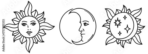 Celestial emblems - sun moon and stars line art vector illustration
