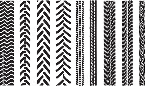 Collection of realistic diverse vehicle tire track patterns vector isolated on white