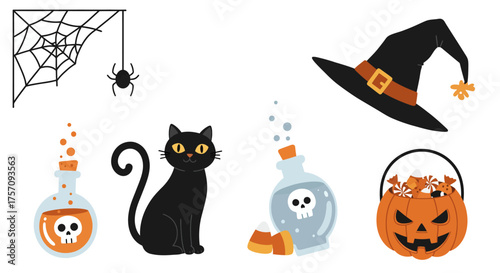 Spooky halloween icons collection witch hat black cat spider web potion bottles candy bucket for holiday celebrations isolated on white background