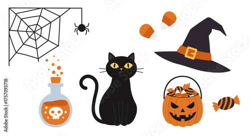 Festive halloween symbols and objects for spooky season celebrations and decorations isolated on white background