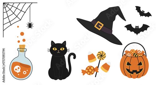 Haunted halloween icons collection festive spooky elements for scary celebrations and festive decorations including black cat witch hat spiderweb and candy corn basket isolated on white background