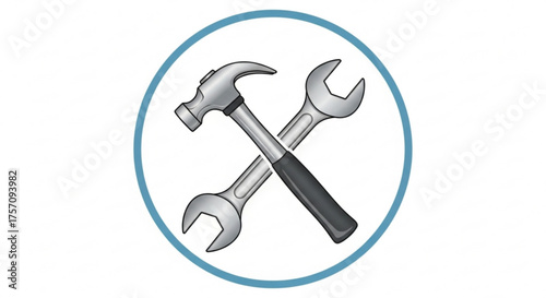 Illustration of a hammer and wrench crossed inside of a circle symbol for repair, construction, or maintenance