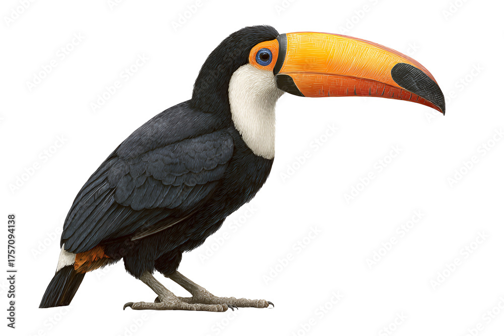 Obraz premium Portrait of a captivating toco toucan featuring a vibrant oversized beak and expressive eyes, showcasing the beautiful plumage of a unique avian species, rendered with exquisite