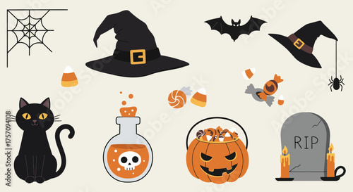 Spooky halloween elements collection with black cat witch hat spiderweb bat pumpkin tombstone and potion for festive decorations isolated on white background