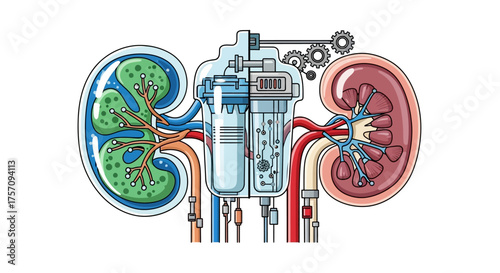 Kidney Dialysis Machine Illustration Showing Filtration Process and Organ Function.
