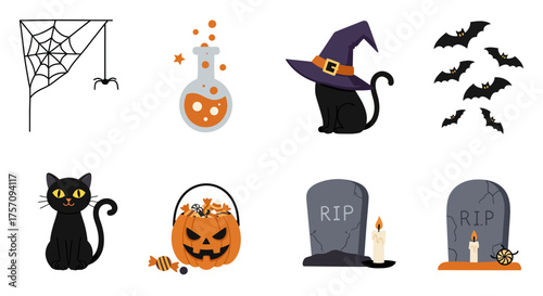 Spooky halloween elements collection festive holiday icons for creative design and decorations featuring ghosts bats black cats and jack o lanterns isolated on white background