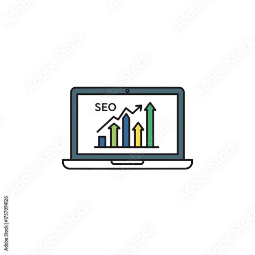 Laptop Displaying SEO Growth Chart with Upward Arrows and Bar Graphs.