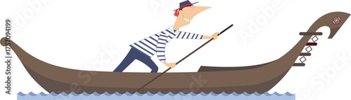 Cheerfulness gondolier rides on gondola. 
Funny gondolier rides on gondola. Isolated on white background
