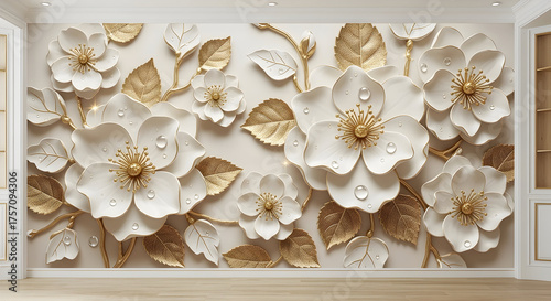 Luxurious 3D White and Gold Flowers Wall Art with Water Droplets, Elegant Decorative Background