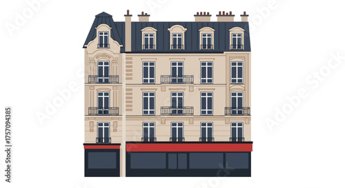 Charming parisian building facade featuring classic architecture windows balconies and rooftop dormers offering an iconic european urban street scene. isolated on white background