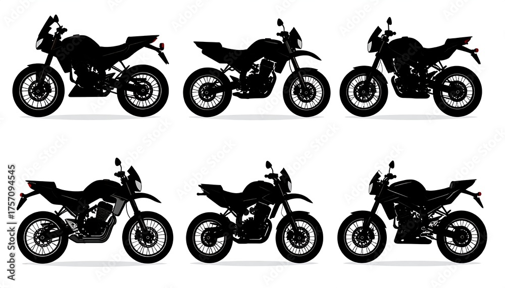 Obraz premium Silhouetted motorcycles, different styles, positioned in rows against white