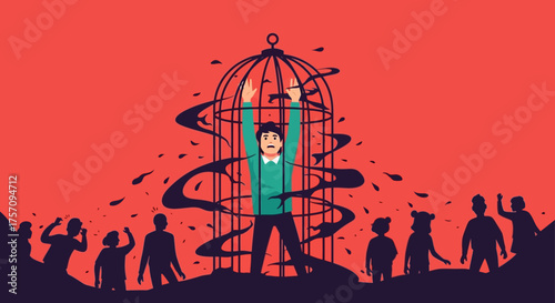Man Breaking Free from Cage, Symbolizing Freedom and Liberation.