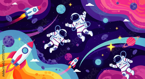 Astronauts floating in colorful outer space with rockets and planets exploring the universe in a vibrant illustration