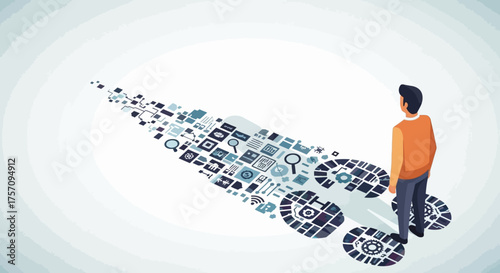 Man Contemplating a Rocket Made of Technology Icons.