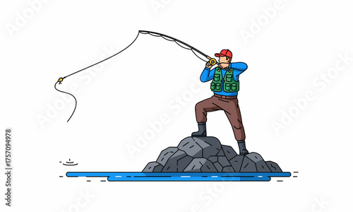 Illustrative fly fisherman casting line from rocks, wearing a fishing vest and red cap, dynamic pose.