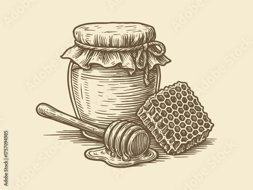 honey jar with dipper and honeycomb engraving vector illustration