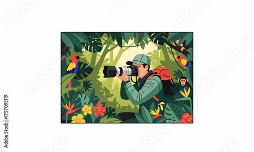 Illustrative wildlife photographer in green, holding a telephoto lens camera, wearing a cap.