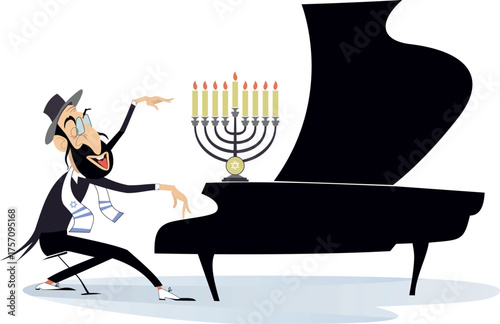 Jewish man plays piano and sings. 
Cheerfulness Jewish man playing music on piano and singing. White background
