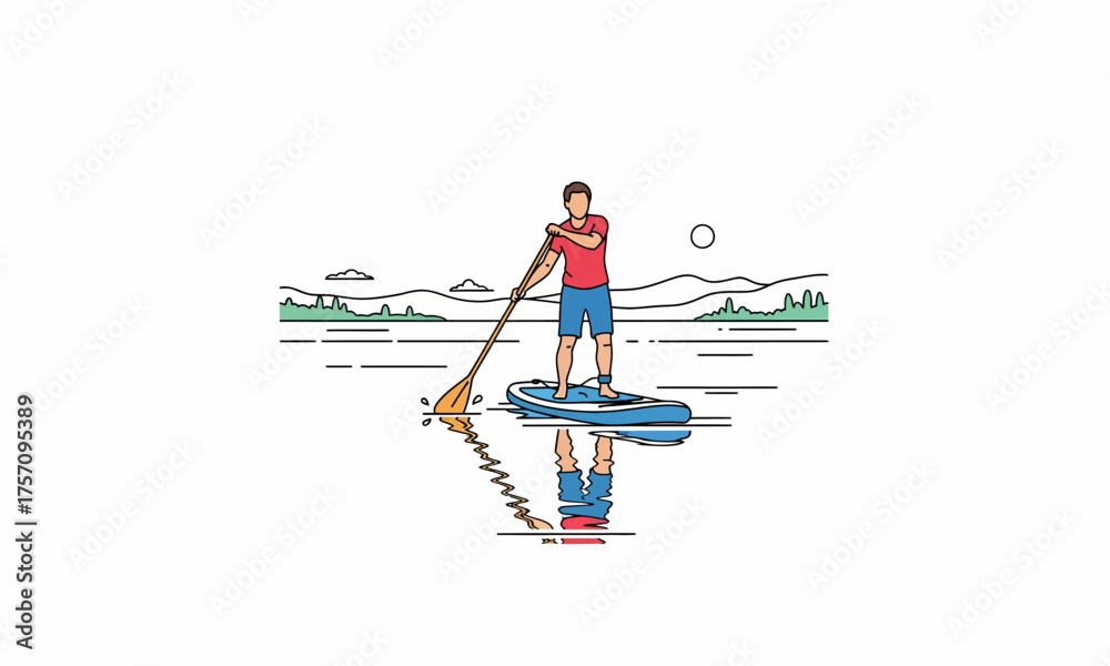 Fototapeta premium Line Art Illustration of a Man Paddleboarding on Calm Water with Reflection.