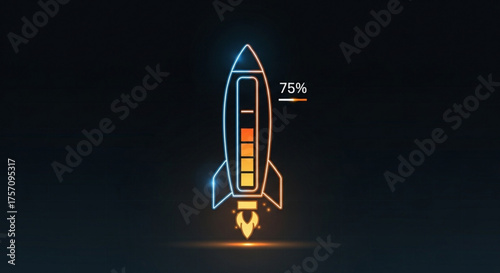 A neon rocket ship with a battery level of 75 is shown against a dark background, symbolizing progress and the achievement of goals