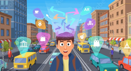 Man Surrounded by Travel Icons in a Cityscape Illustration.