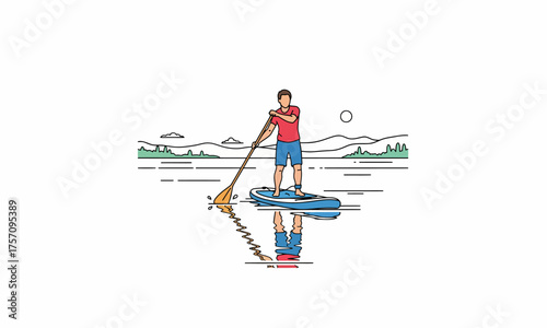 Line Art Illustration of a Man Paddleboarding on Calm Water with Reflection.