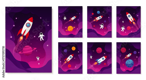 Set of Colorful Space Illustrations Rockets, Planets, and Astronauts in a Vibrant Cosmic Scene