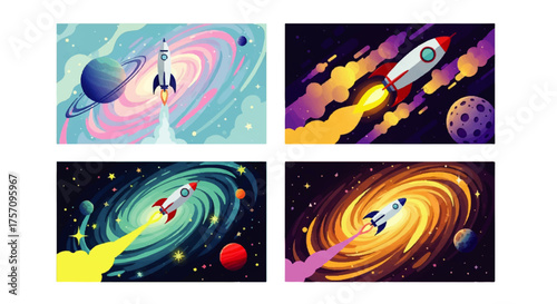 Colorful cosmic vistas featuring rockets soaring through nebulae, galaxies, and planets in outer space