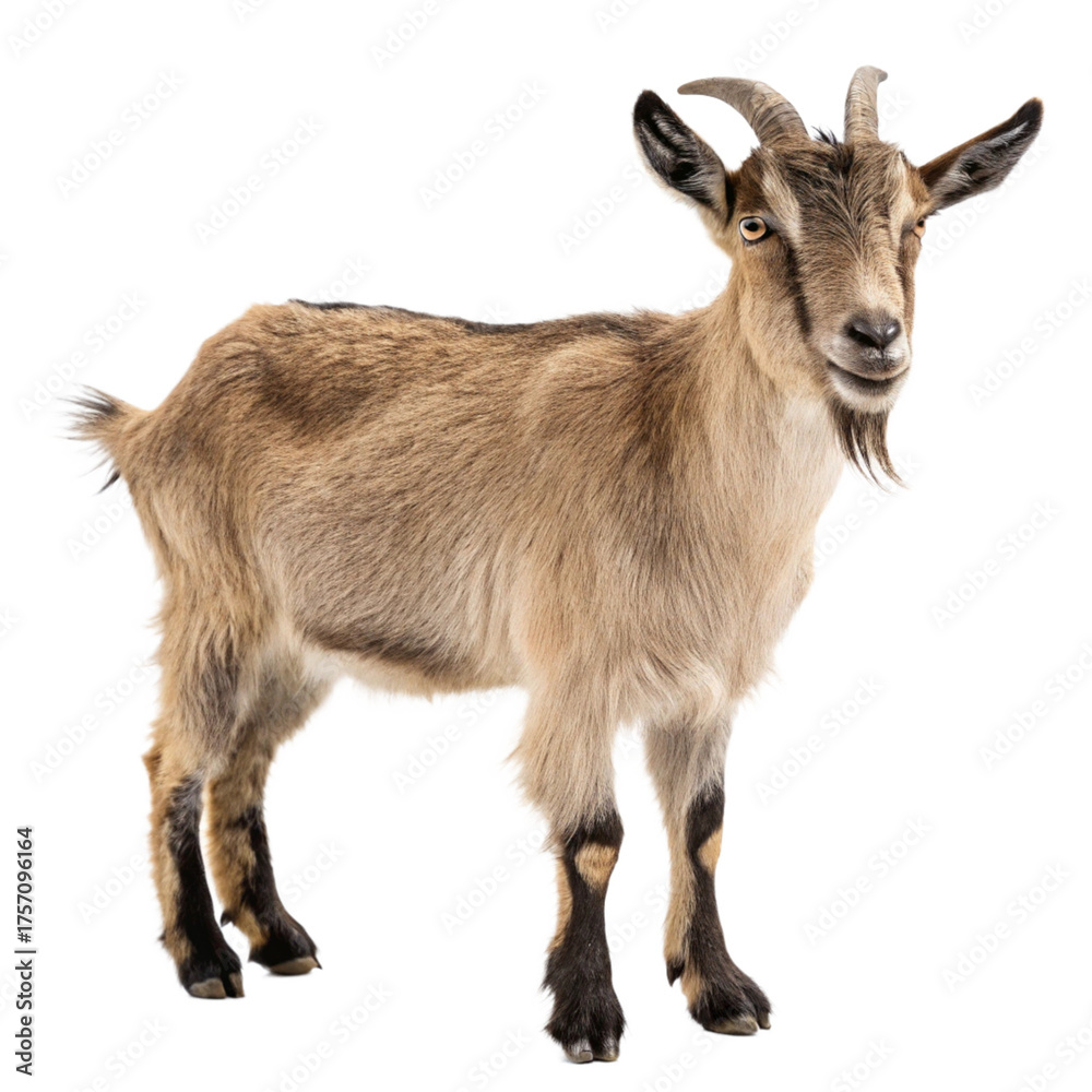 Fototapeta premium Curious brown goat with short horns and a beard stands alert, ready for agricultural or farm-themed projects. 