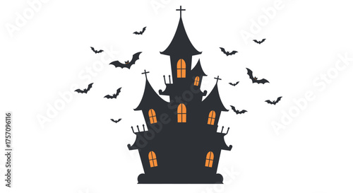 Spooky halloween haunted castle silhouette with flying bats dark and mysterious gothic architecture illuminated windows eerie atmosphere festive decoration isolated on white background