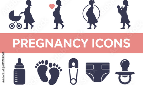 Set of Pregnancy Icons Collection with Pregnant Woman Heart Baby Bottle Footprints Diaper Pacifier
