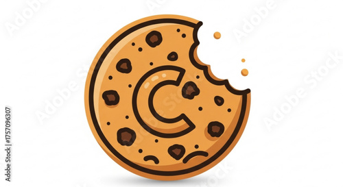 Illustration of a chocolate chip cookie with a bite taken out, representing sweetness, treat, and indulgence