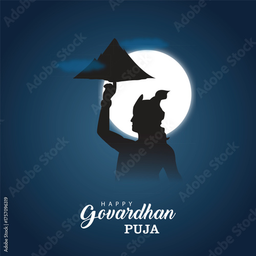 Lord Krishna Lifting Govardhan Hill Silhouette Illustration for Govardhan Puja Festiva