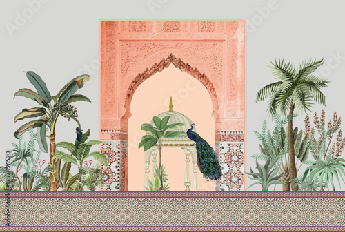 Traditional Mughal Garden Illustration, Mughal Arch, Peacock, Moroccan.