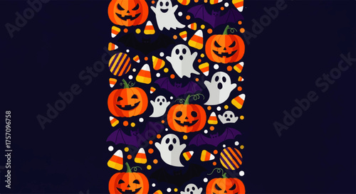 A spooky and sweet Halloween pattern background featuring cute cartoon ghosts, smiling jack-o'-lanterns, candy corn, and bats. A festive vector illustration for October holiday celebrations