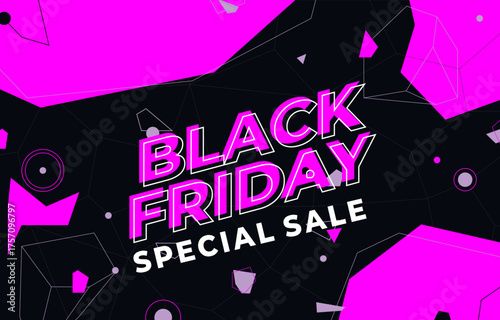 Vibrant Black Friday special sale banner with magenta and white outlined text on a dynamic hot pink and black geometric background with stars and arrows
