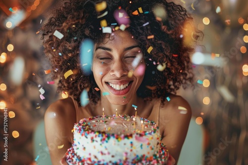 Woman celebrating birthday with closed eyes, holding cake with lit candles and falling confetti