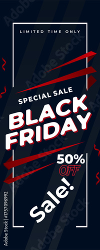 Limited time Black Friday sale banner with 50% off offer on a dark blue diagonal stripe background. Features bold white typography with red highlights and splash effects.