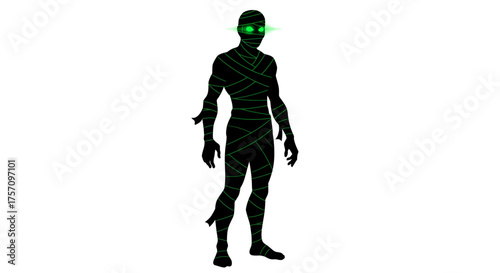 Futuristic cyberpunk humanoid silhouette with glowing blue eyes and digital augmentations exploring technology and future societies isolated on white background