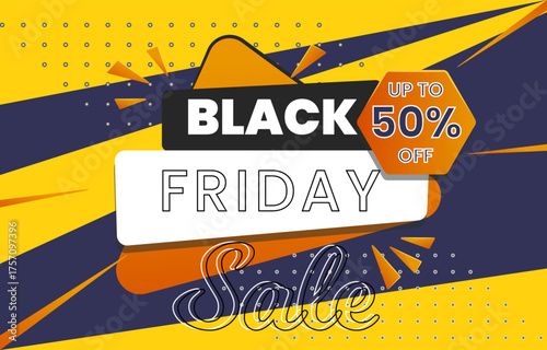 Modern Black Friday sale banner with a bold title box and a red-orange hexagon announcing up to 50% off. Set against a dynamic yellow and blue dotted grid background