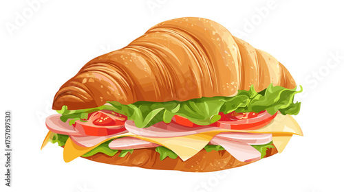 Vector illustration of a savoury croissant sandwich with ham, cheese, tomatoes and lettuce